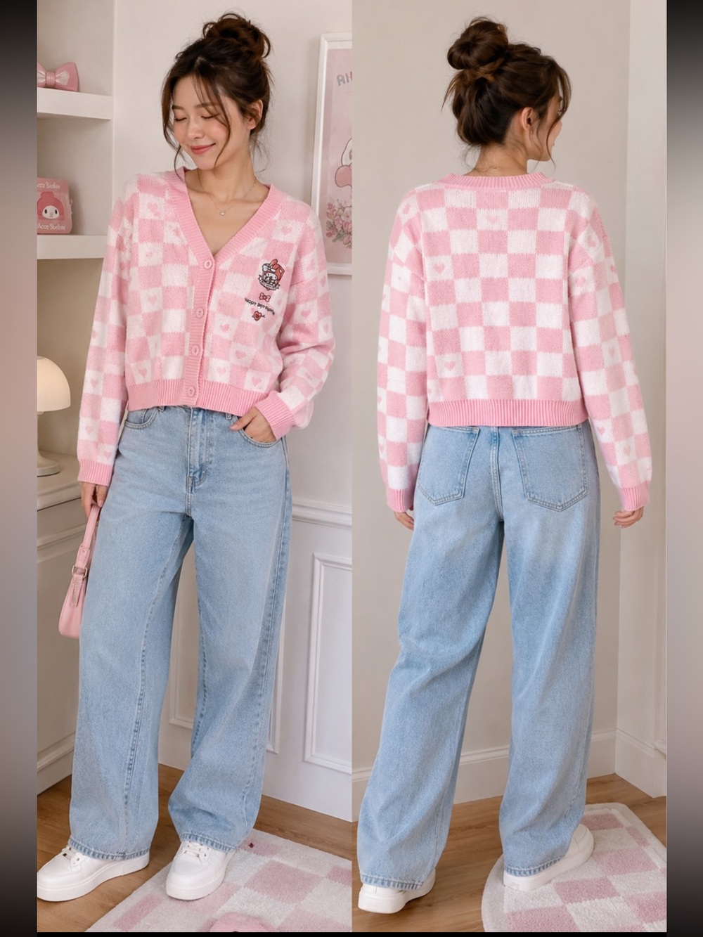 My Melody Pink Checkerboard Heart Knit Cardigan